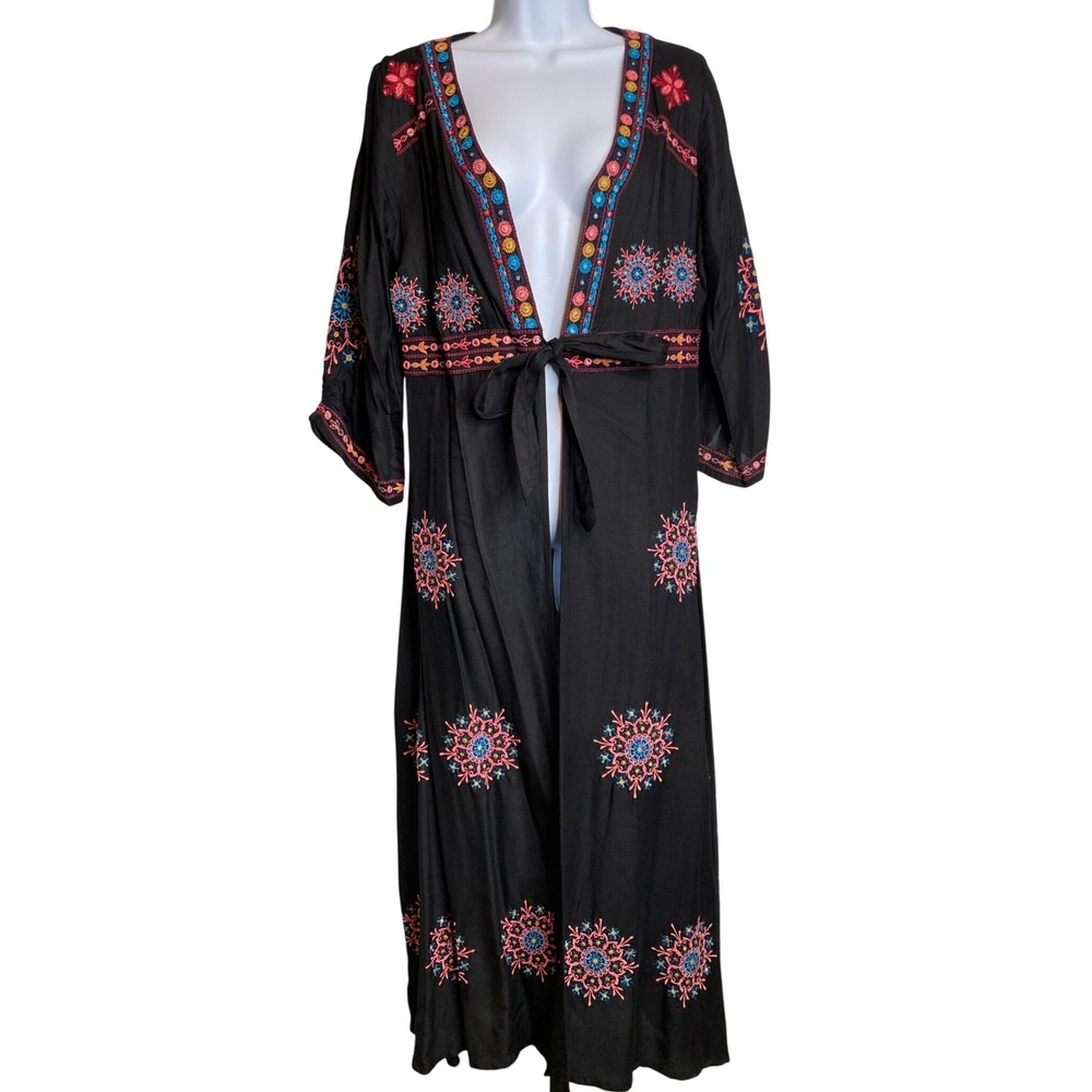 Tolani Collection Womens Black Embroidered Tie‎ Front Maxi Kimono XS Flowy Boho